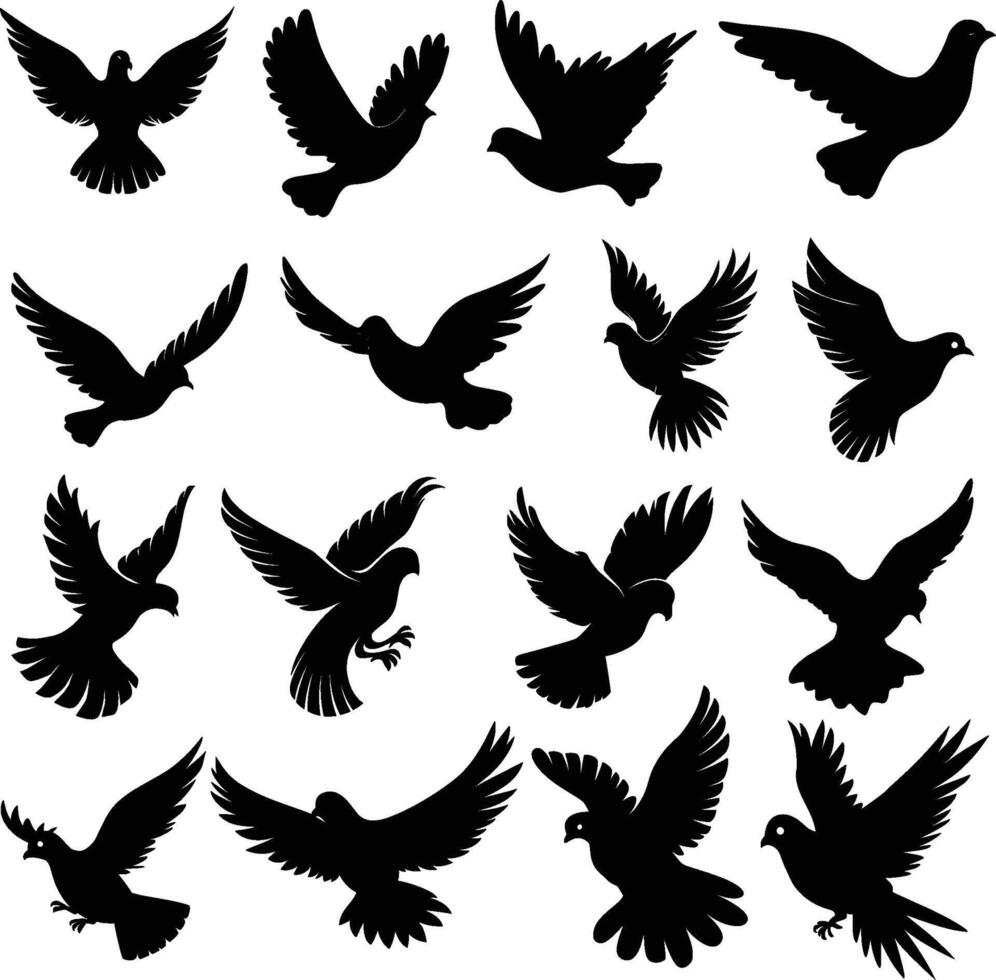 vôo pomba silhuetas isolado. pombos conjunto amor e Paz símbolos vetor
