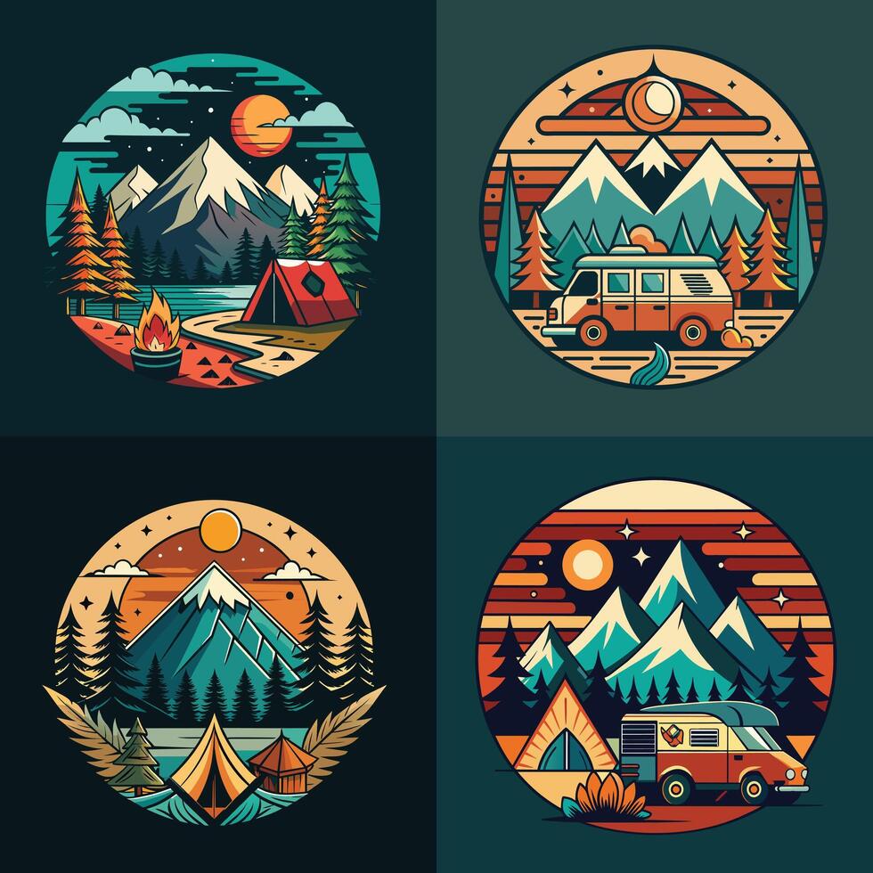 acampamento e viagem volta emblemas definir. acampamento e aventura ícones. vetor ilustração.