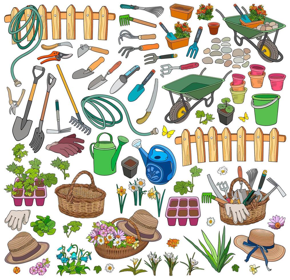 jardinagem vetor ilustração. conjunto do jardim desenho animado mão desenhado elementos conjunto