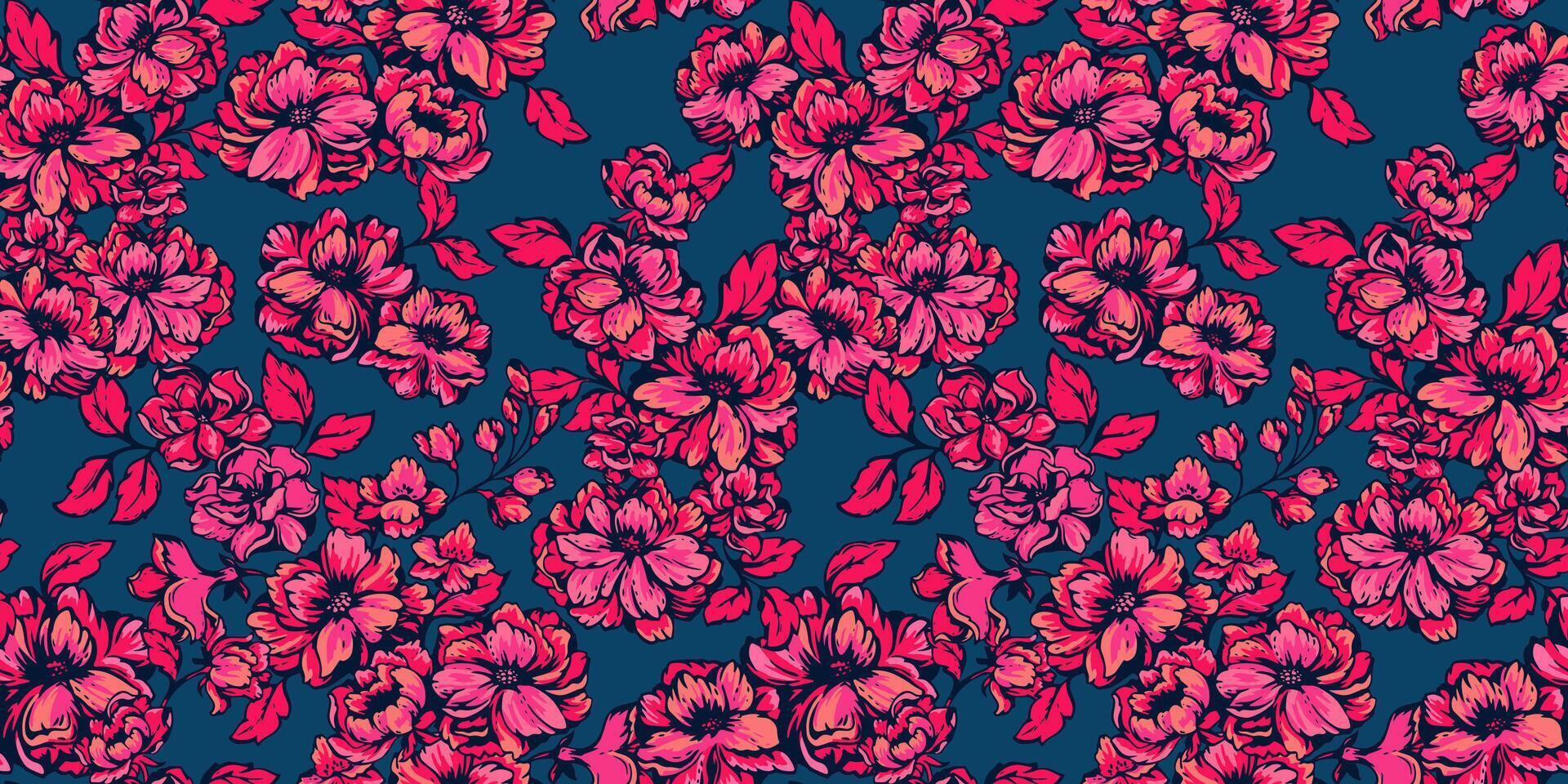 ornamentado floral tapeçaria em uma Sombrio azul fundo. desatado padronizar com colorida vermelho, rosa, rosa, rosado flores . vetor mão desenhado plantas e flores