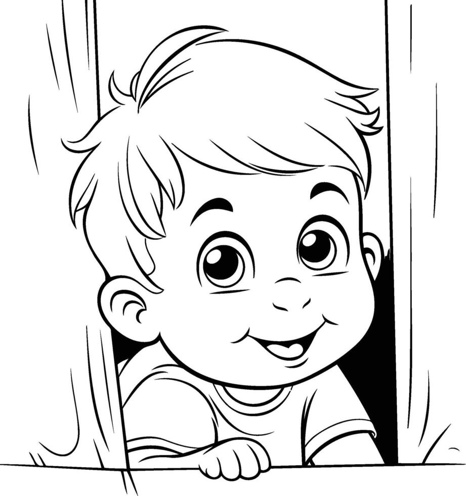 Preto e branco desenho animado ilustração do pequeno Garoto sorridente às a Câmera vetor