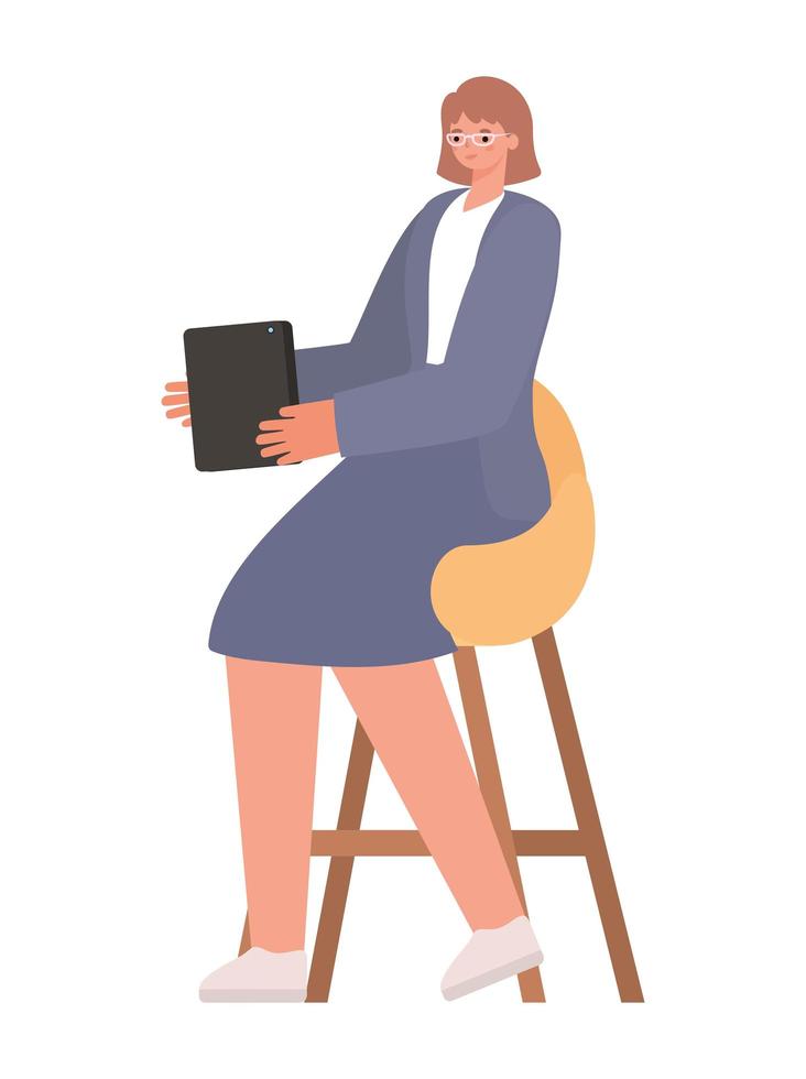 mulher sentada com tablet na cadeira trabalhando desenho vetorial vetor