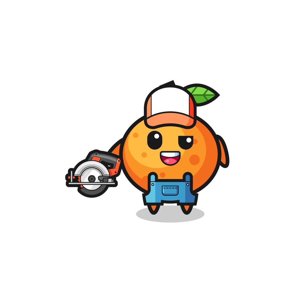 o mascote do marceneiro tangerina segurando uma serra circular vetor