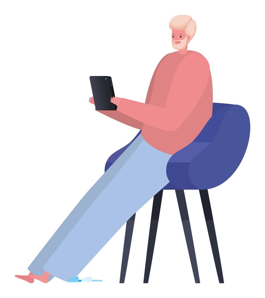 homem com tablet na cadeira trabalhando desenho vetorial vetor