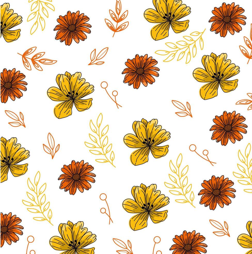 laranja e amarelo margarida flor motivo papel de parede em uma branco fundo vetor