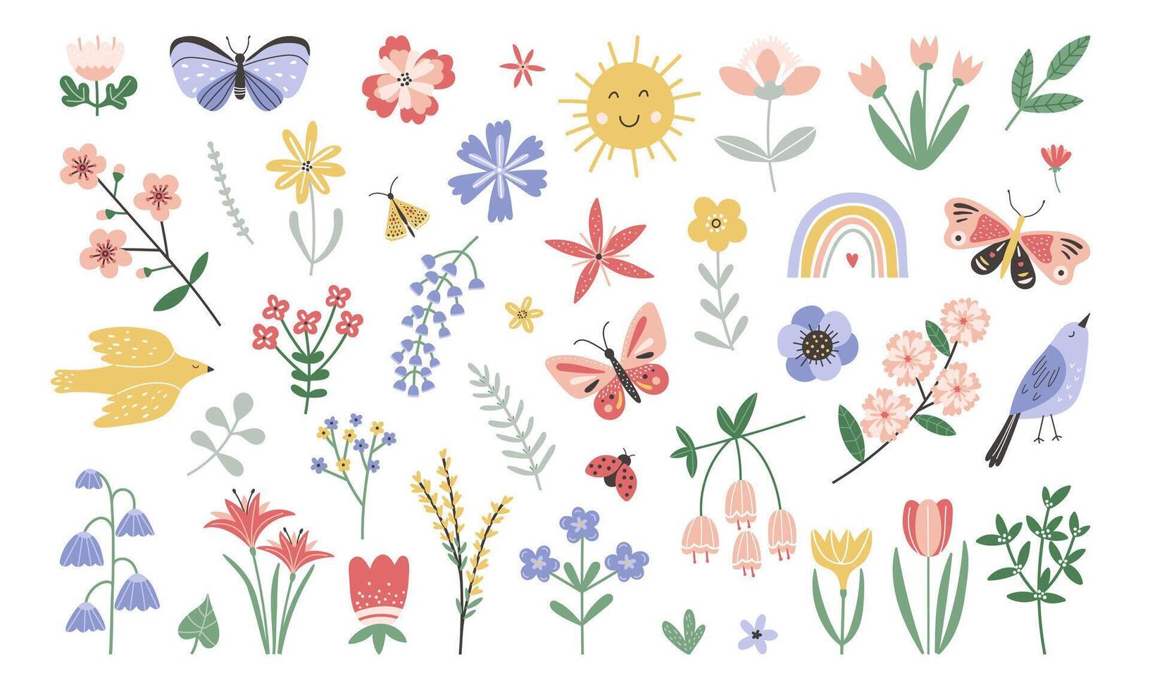 fofa conjunto do abstrato isolado Primavera flores, plantas, borboletas e pássaros. desenho animado crianças estilo, berçário desenhando vetor
