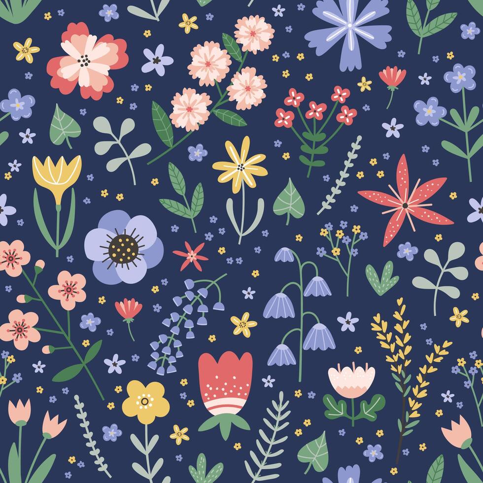 desatado padronizar com diferente colorida flores e folhas em Sombrio azul fundo. país estilo Projeto para têxtil, invólucro papel, cobrir vetor