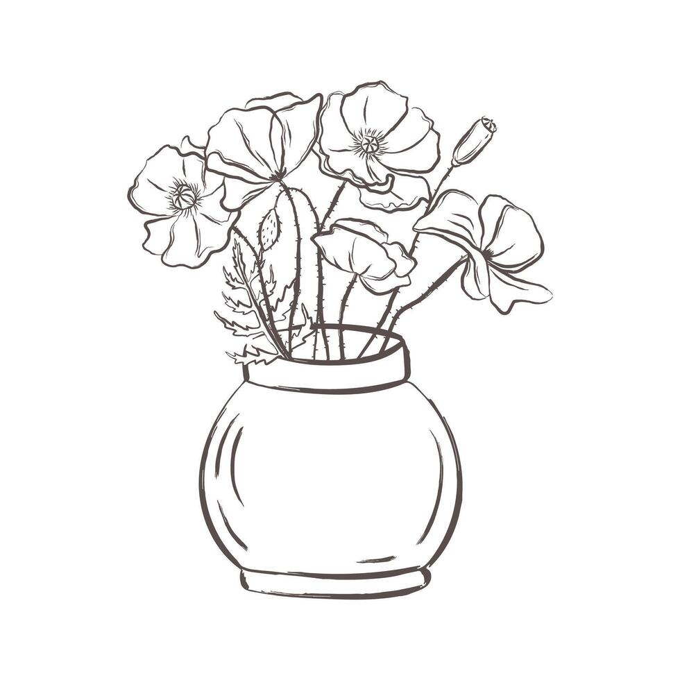 papoula flores silvestres ramalhete dentro uma vaso vetor ilustração. floral tinta Preto e branco desenhando