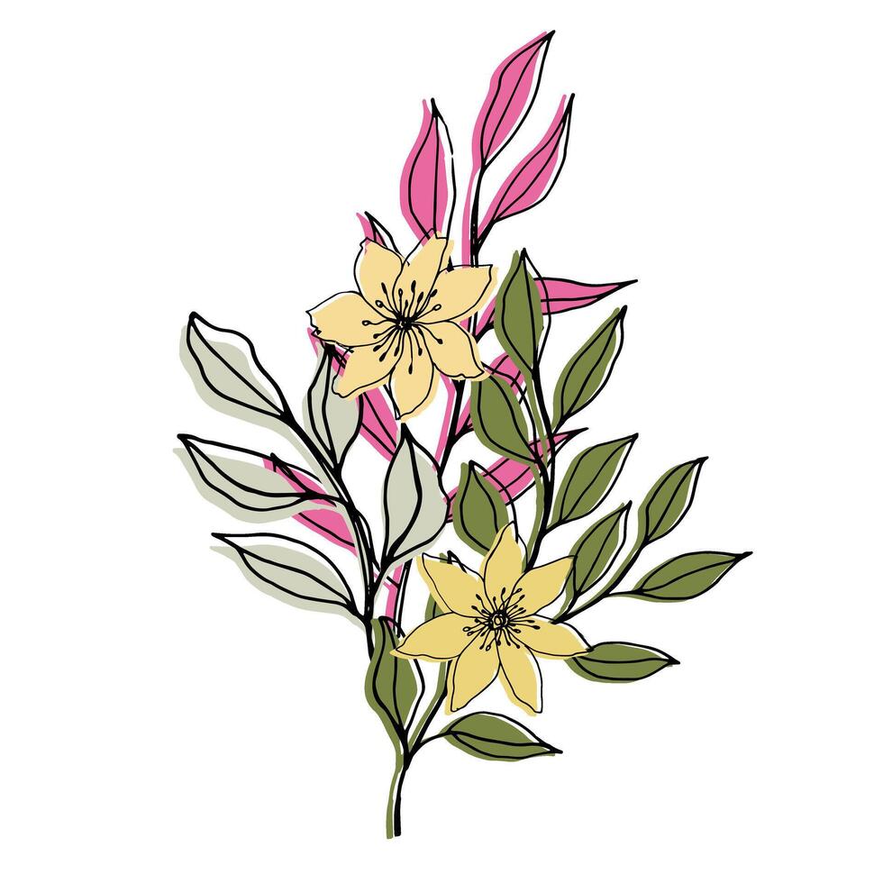 vetor composição com flor, folhas e ramo. elegante arte para decoração. tinta mão desenhando botânico ilustração para fundos. modelo para Casamento cartões, polígrafo, logotipo, tatuagem.