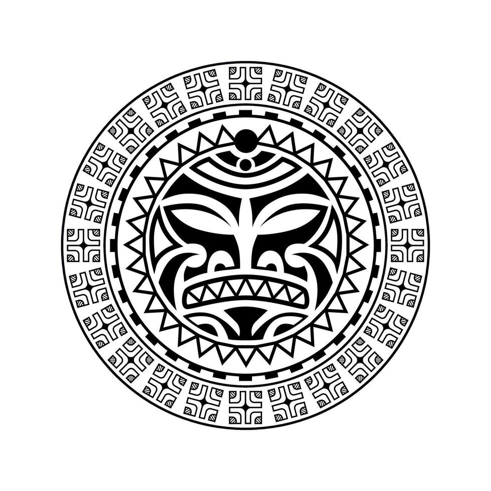 ornamento de tatuagem redonda com estilo maori de rosto de sol. máscara étnica africana, asteca ou maia. vetor