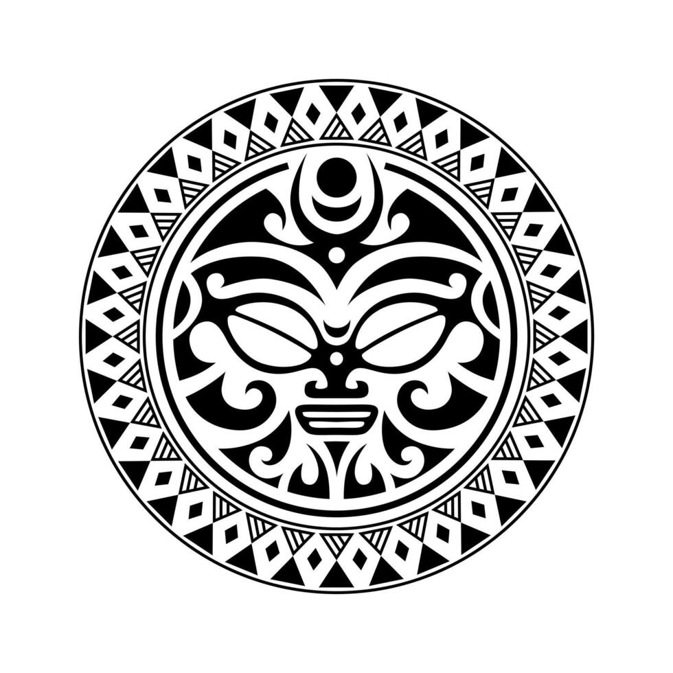 ornamento de tatuagem redonda com estilo maori de rosto de sol. máscara étnica africana, asteca ou maia. vetor