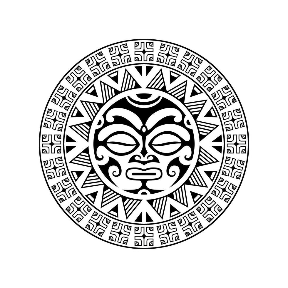 ornamento de tatuagem redonda com estilo maori de rosto de sol. máscara étnica africana, asteca ou maia. vetor