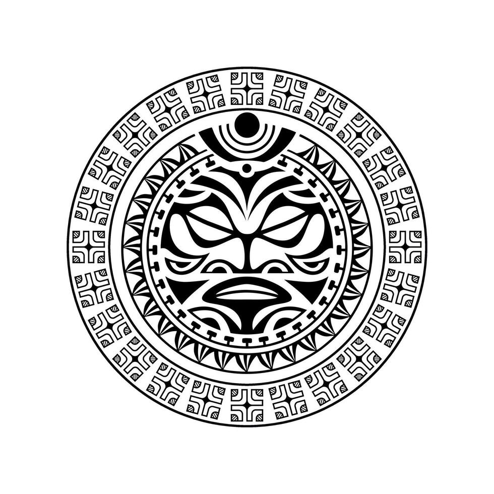 ornamento de tatuagem redonda com estilo maori de rosto de sol. máscara étnica africana, asteca ou maia. vetor