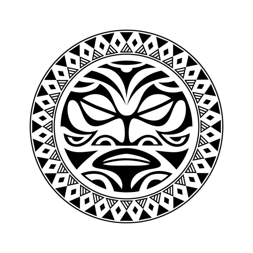 ornamento de tatuagem redonda com estilo maori de rosto de sol. máscara étnica africana, asteca ou maia. vetor