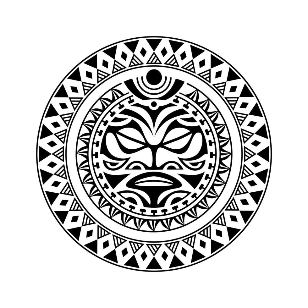 ornamento de tatuagem redonda com estilo maori de rosto de sol. máscara étnica africana, asteca ou maia. vetor