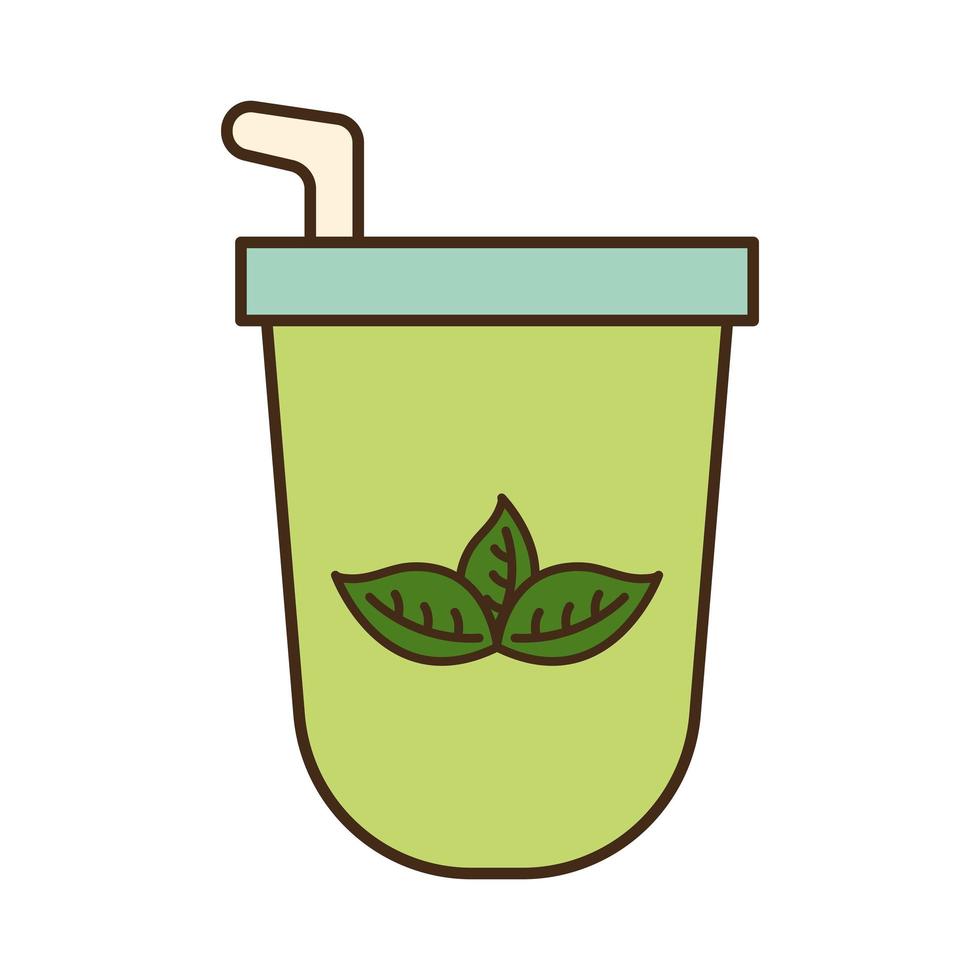 Caneca de chá gelado com linha de folhas e desenho de vetor de ícone de estilo de preenchimento