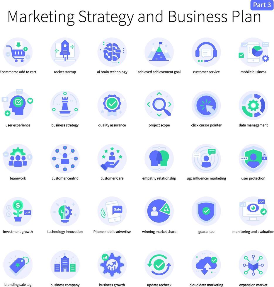 marketing estratégia e o negócio plano ícone conjunto parte 3 verde roxa cor vetor