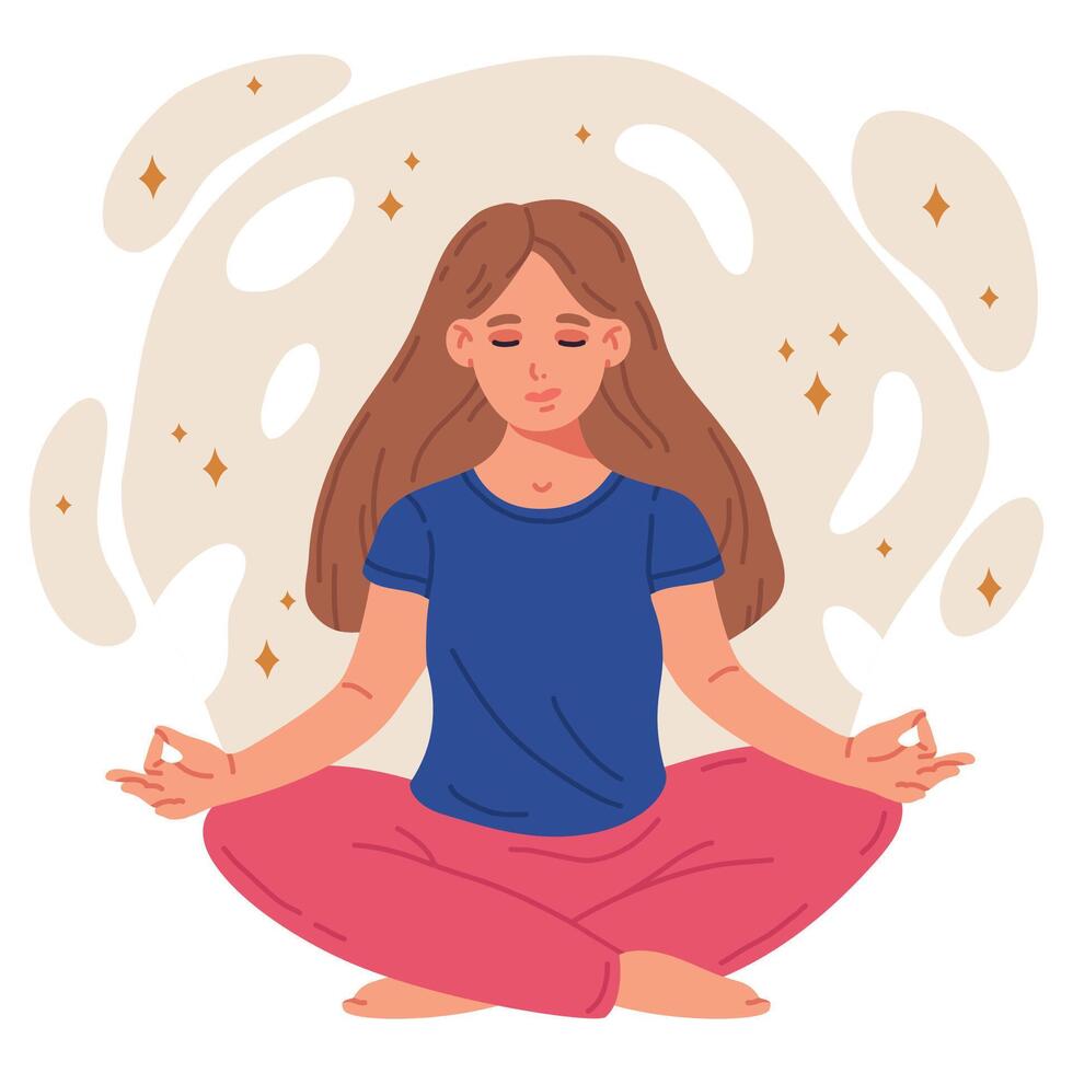 desenho animado meditando mulher. fêmea personagem sentado dentro ioga lótus pose, acalmado humano meditando. estresse alívio e meditação plano vetor ilustração