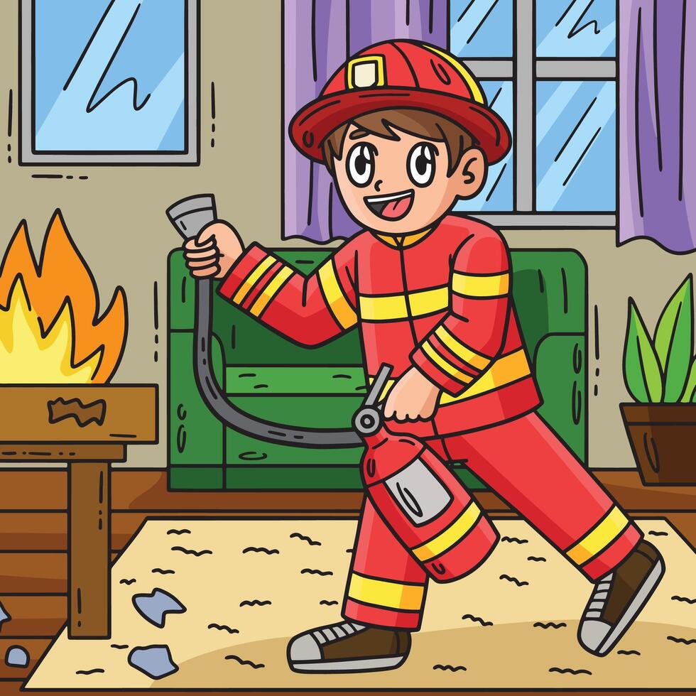 bombeiro com fogo extintor colori desenho animado vetor