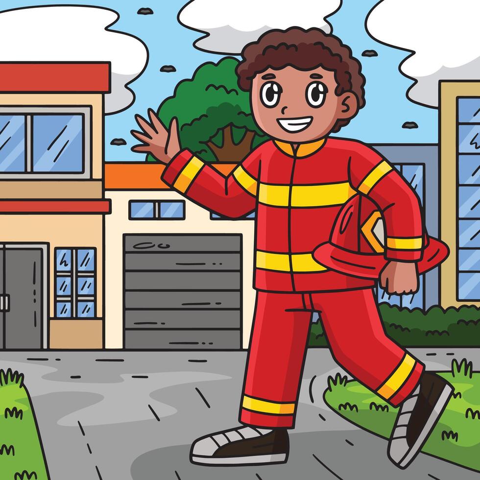 bombeiro segurando Difícil chapéu colori desenho animado vetor