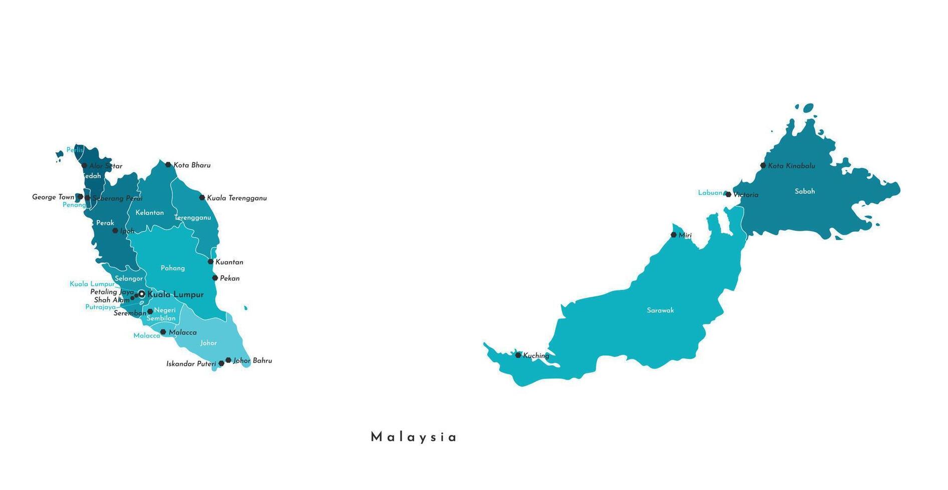 vetor isolado ilustração. azul simplificado administrativo mapa do Malásia. azul formas do regiões. nomes do grande malaio cidades e estados. branco fundo