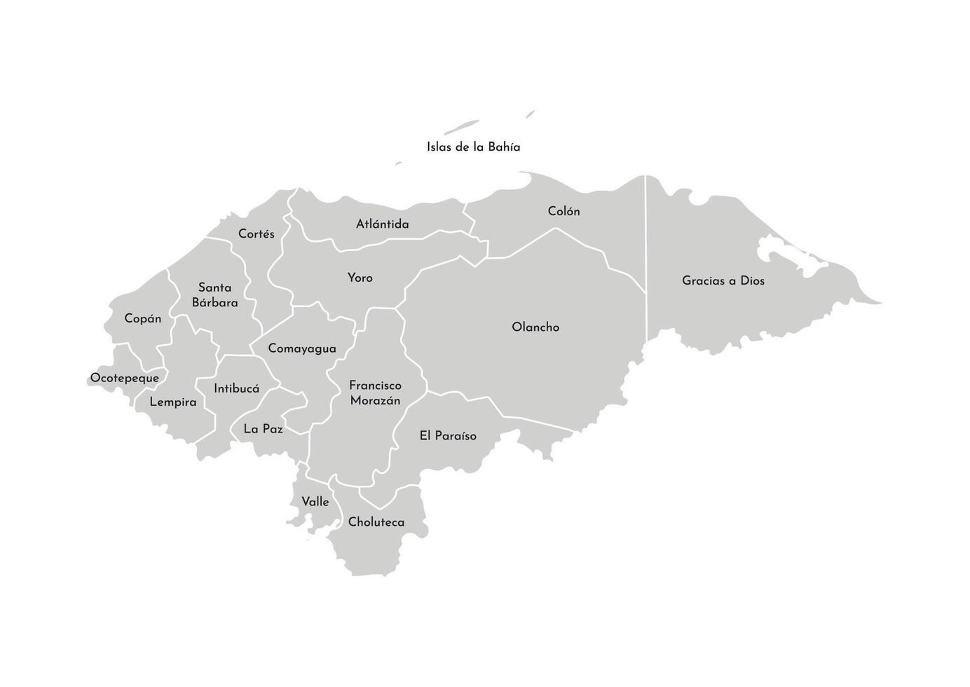 vetor isolado ilustração do simplificado administrativo mapa do Honduras. fronteiras e nomes do a departamentos, regiões. cinzento silhuetas. branco esboço