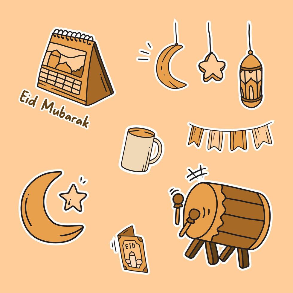 conjunto do vetor rabisco elemento relacionado para Ramadhan e eid. usava para adesivo, poster, cartão, etc