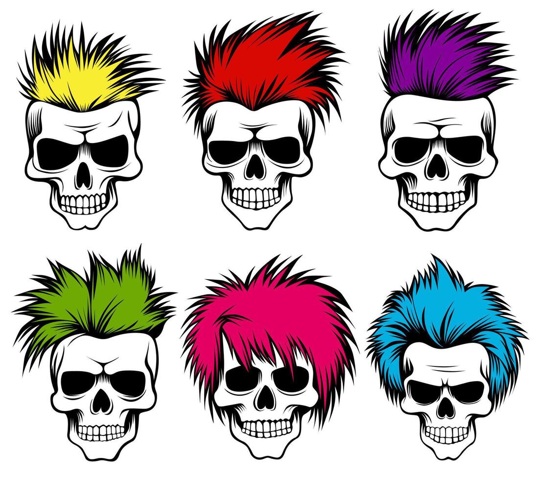conjunto crânio cabeça punk cabelo ícone roqueiro Projeto vetor ilustração