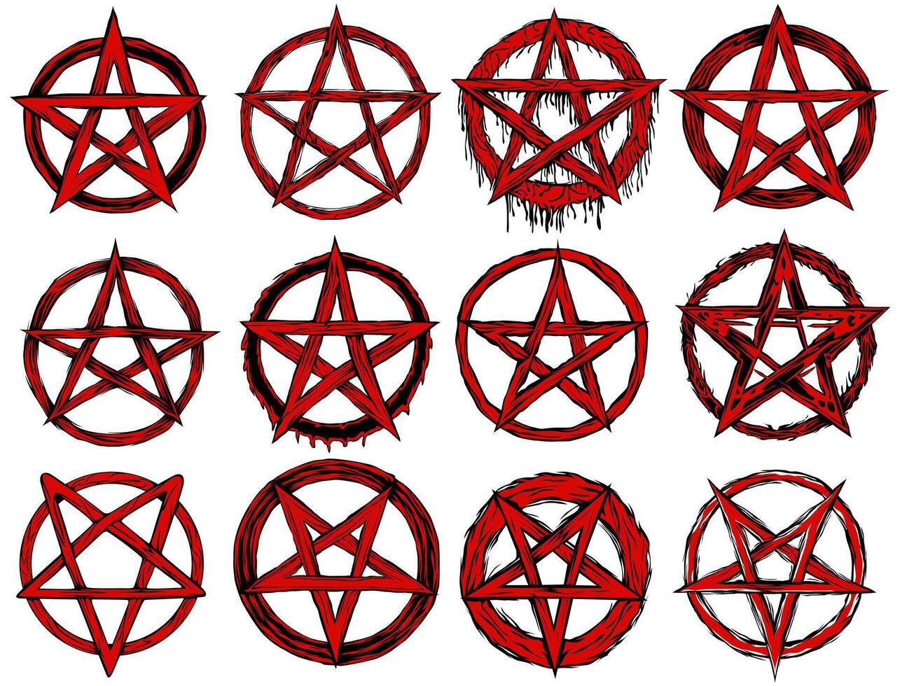 conjunto vermelho pentagrama assustador símbolo. pentacle diabo ícone. satânico placa gótico tatuagem Projeto vetor ilustração