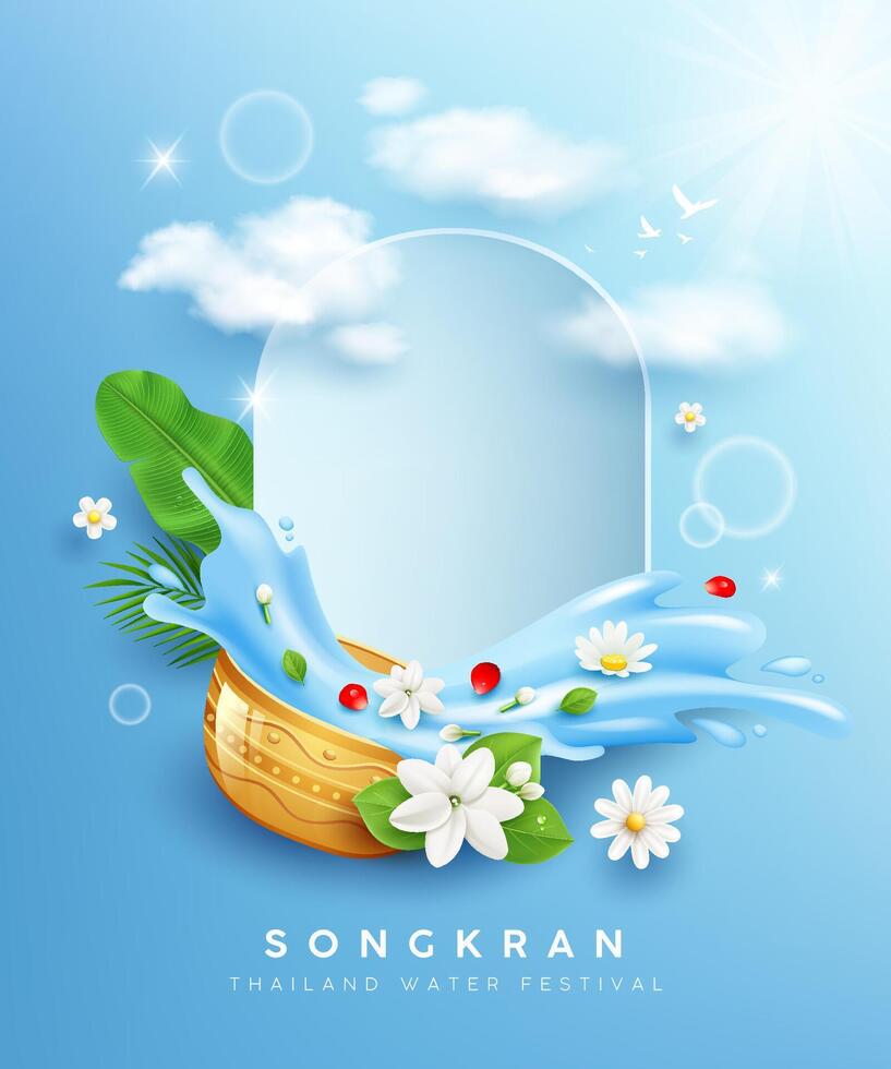 songkran Tailândia festival, flores dentro uma água tigela água espirrando, em nuvem e Sol poster azul fundo, eps 10 vetor ilustração