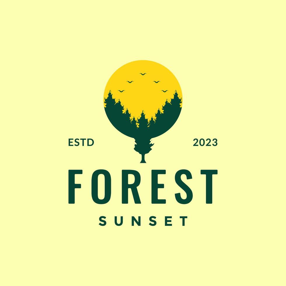 Sol tarde pôr do sol floresta árvore pinho com pássaro colônia hipster estilo colorida logotipo Projeto vetor ícone ilustração