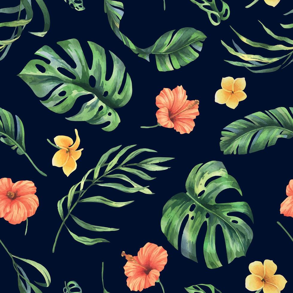 tropical Palma folhas, monstera e flores do plumeria, hibisco, brilhante suculento. mão desenhado aguarela botânico ilustração. desatado padronizar em uma Sombrio fundo vetor