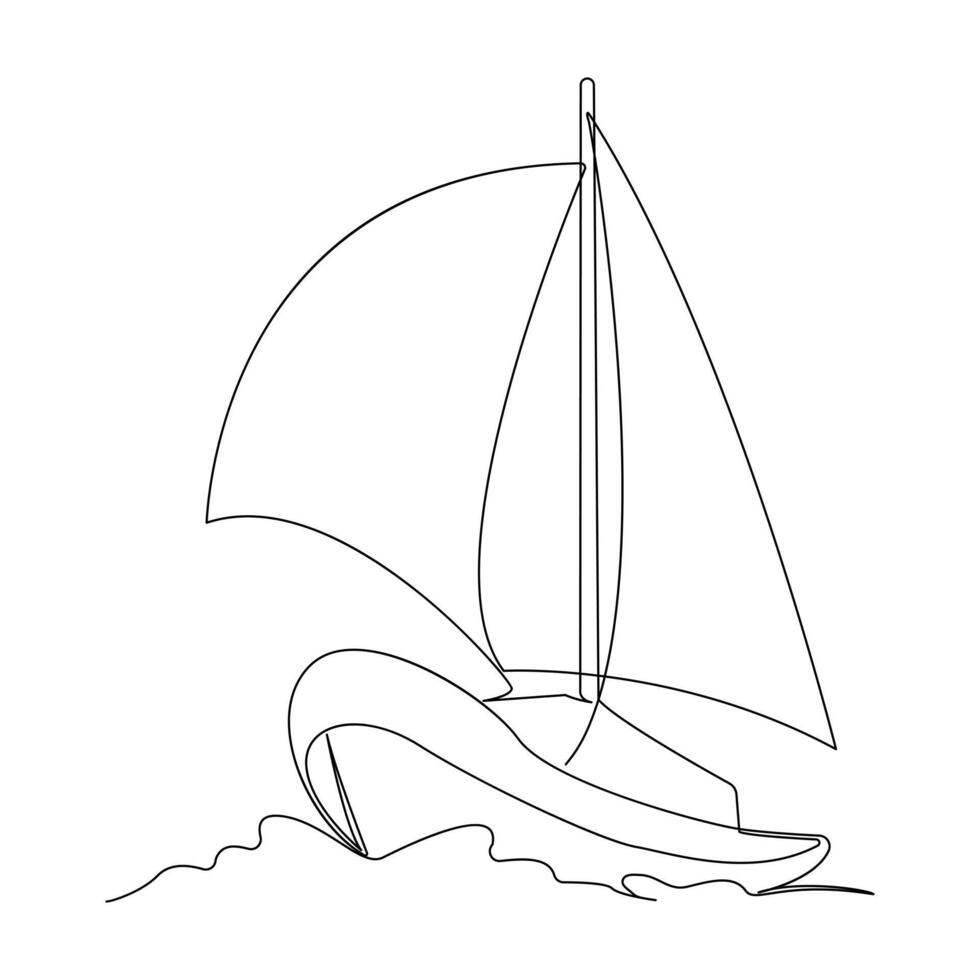 contínuo solteiro linha desenhando em barco a vela vator arte. vetor