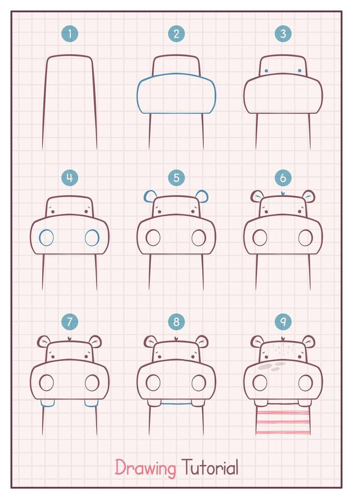 quão para desenhar uma hipopótamo. degrau de degrau desenhando tutorial. desenhar guia. simples instrução para crianças e adultos vetor