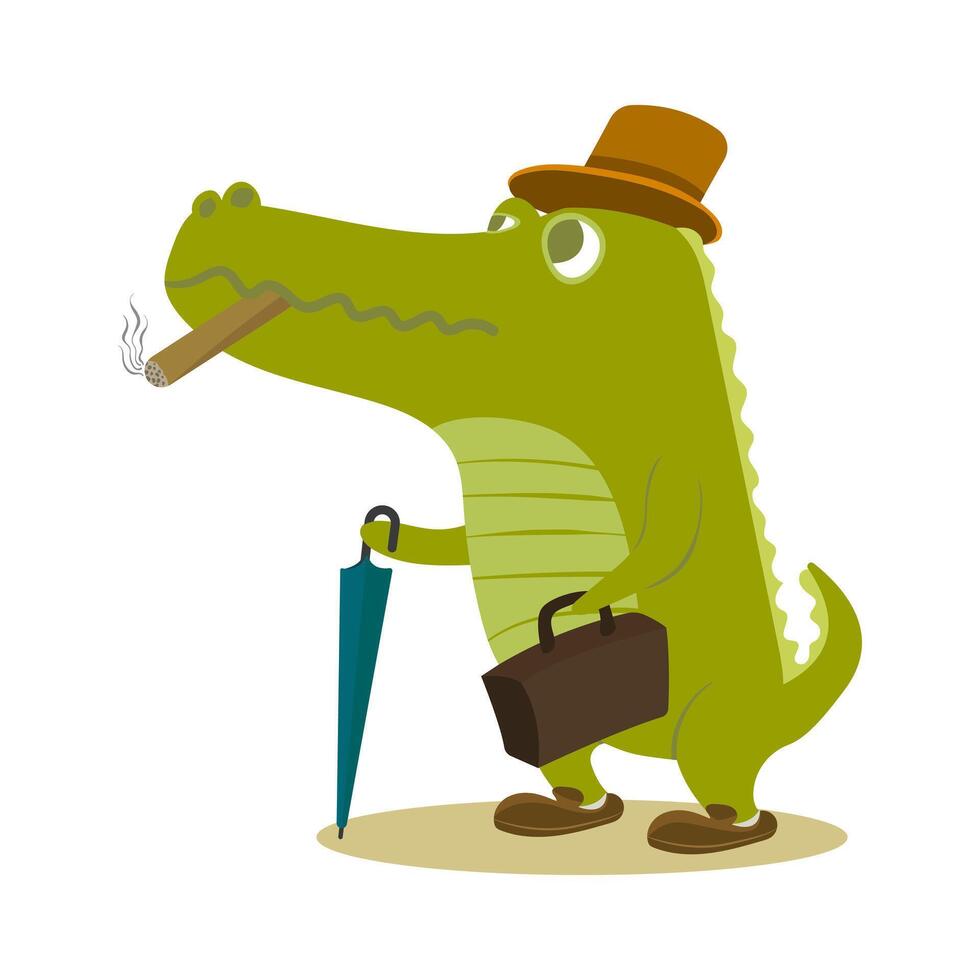 fofa desenho animado crocodilo personagem com charuto, chapéu, bolsa, sapatos e guarda-chuva vetor