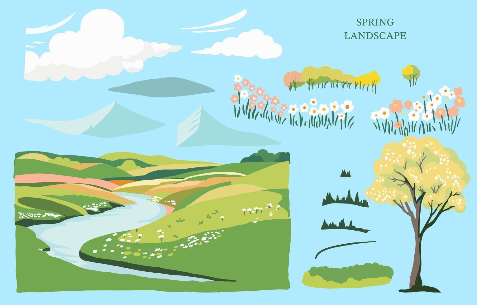 Primavera panorama elemento conjunto com montanha e árvore editável vetor ilustração para gráfico design