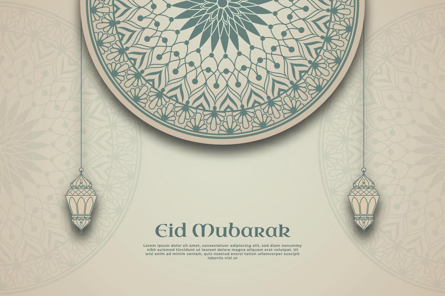 uma poster para eid Mubarak com uma padronizar do lanterna e mandala em uma bege fundo. vetor