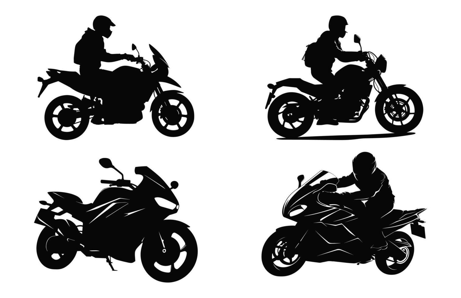 homem equitação moto silhueta Preto vetor definir, motociclista silhuetas clipart agrupar