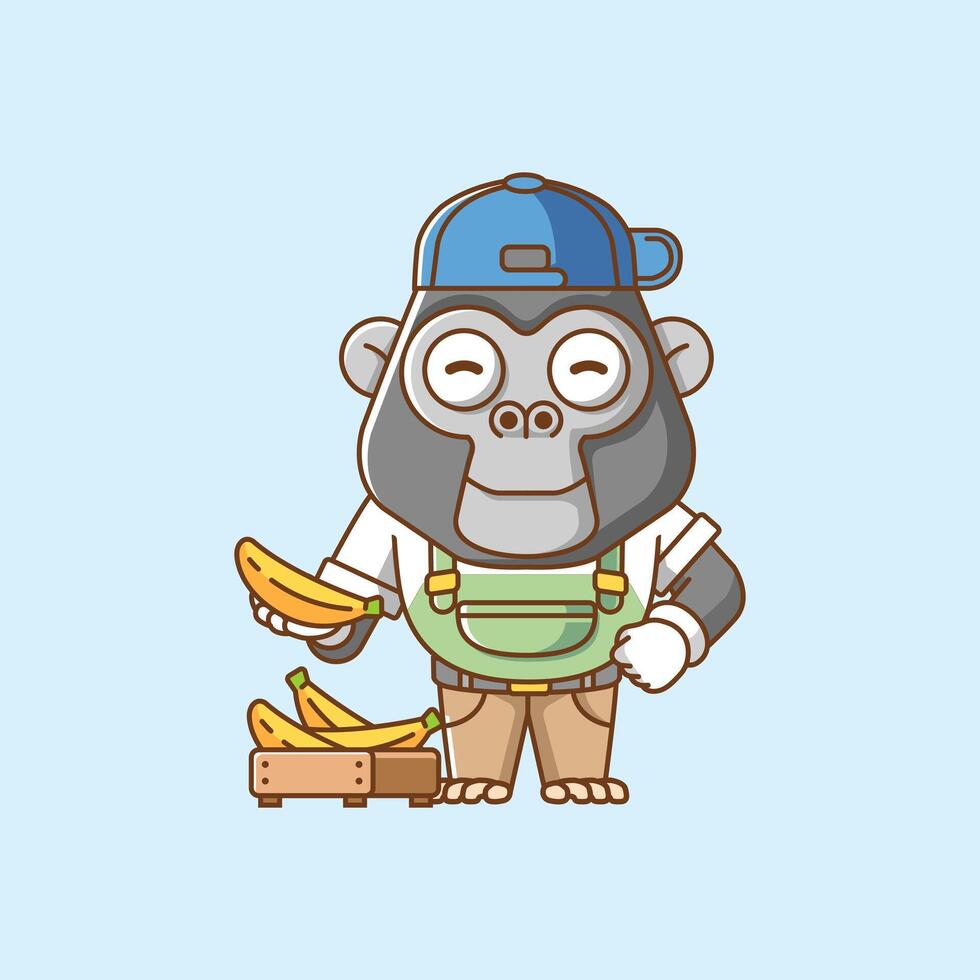fofa gorila agricultores colheita fruta e legumes desenho animado animal personagem mascote ícone plano estilo ilustração conceito vetor