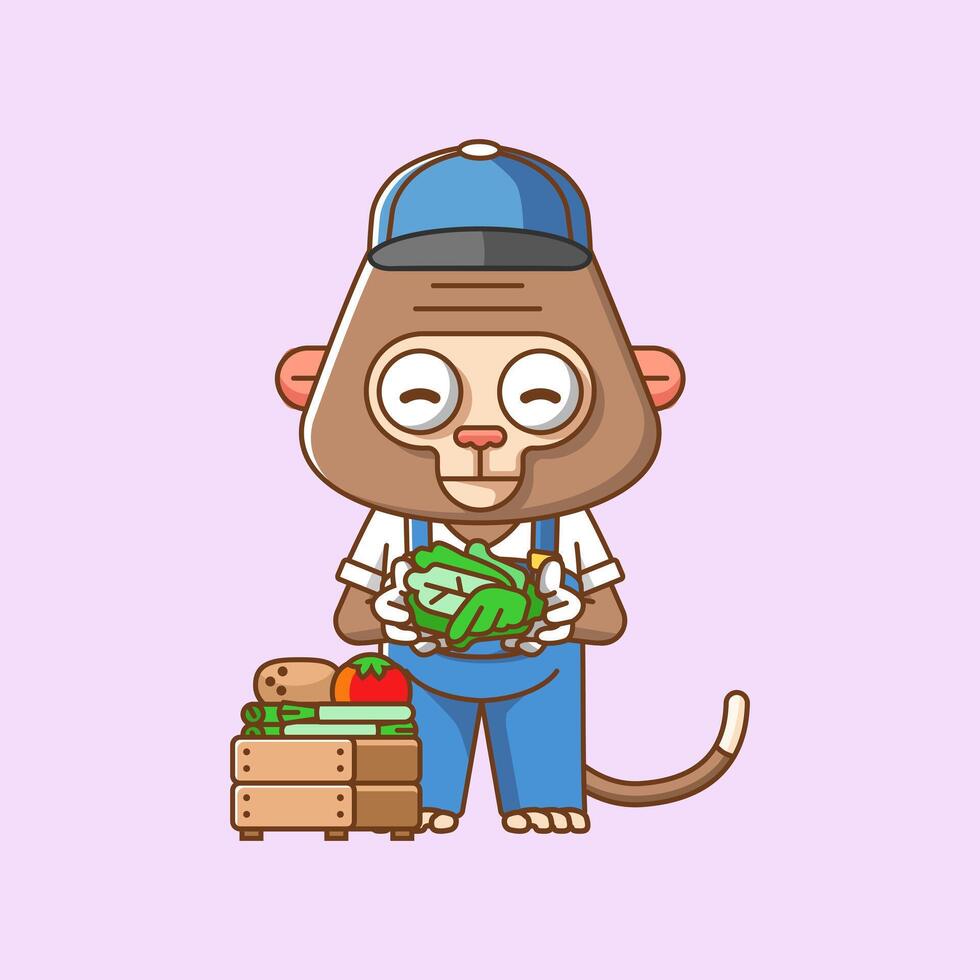 fofa macaco agricultores colheita fruta e legumes desenho animado animal personagem mascote ícone plano estilo ilustração conceito vetor