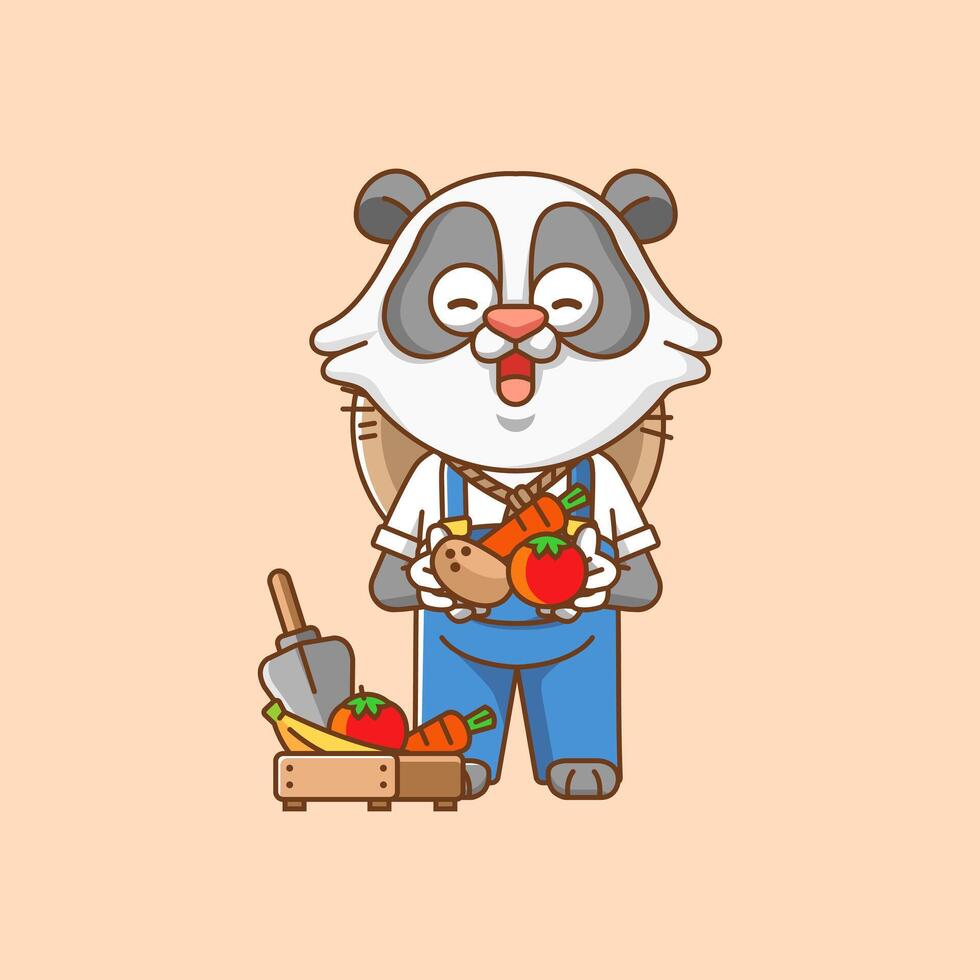 fofa panda agricultores colheita fruta e legumes desenho animado animal personagem mascote ícone plano estilo ilustração conceito vetor