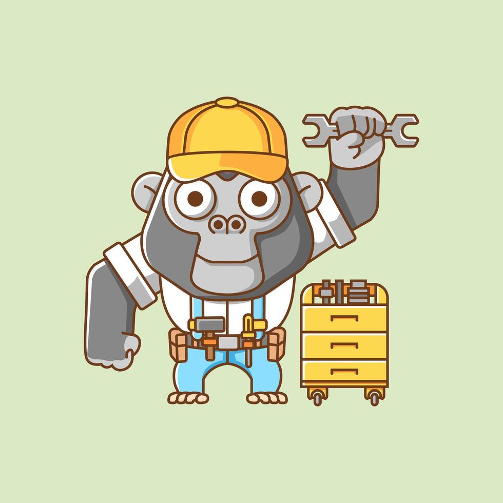 fofa gorila mecânico com ferramenta às oficina desenho animado animal personagem mascote ícone plano estilo ilustração conceito vetor