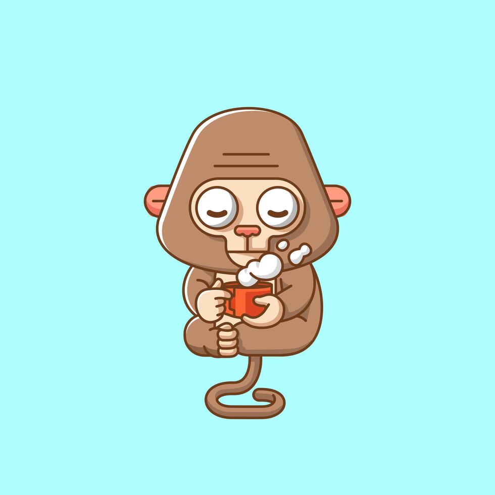 fofa macaco relaxar com uma copo do café desenho animado animal personagem mascote ícone plano estilo ilustração conceito vetor