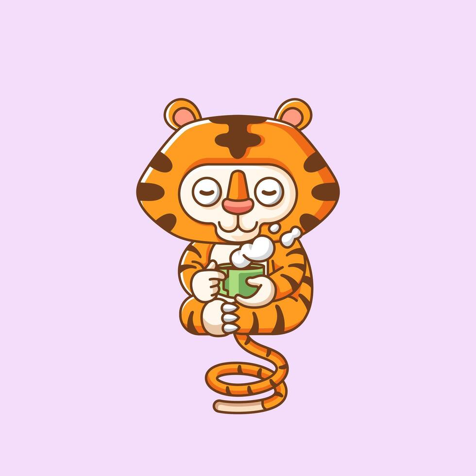 fofa tigre relaxar com uma copo do café desenho animado animal personagem mascote ícone plano estilo ilustração conceito vetor
