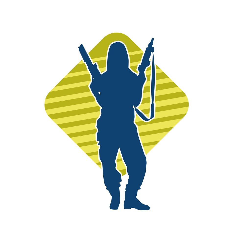 silhueta do uma fêmea soldado carregando máquina arma de fogo arma. vetor