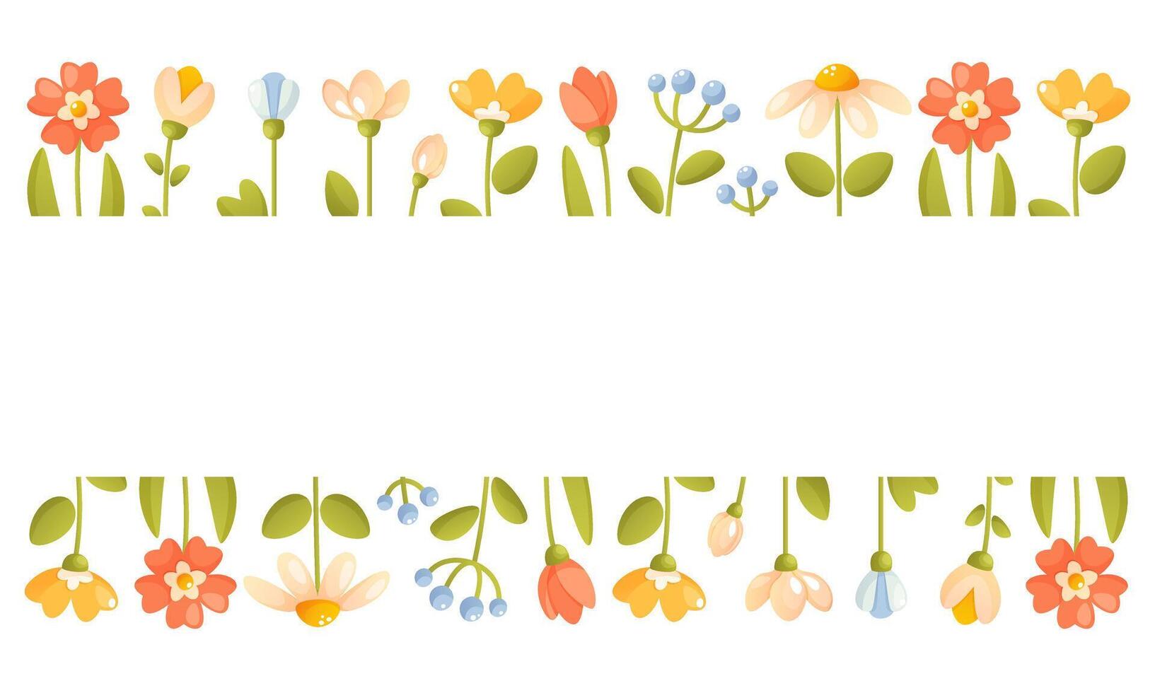 vetor ilustração do uma floral horizontal quadro, fronteira do flores às a inferior e topo. verão Primavera flores e verde folhas. mãe dia, amor dia, casamento, para cartões e convites