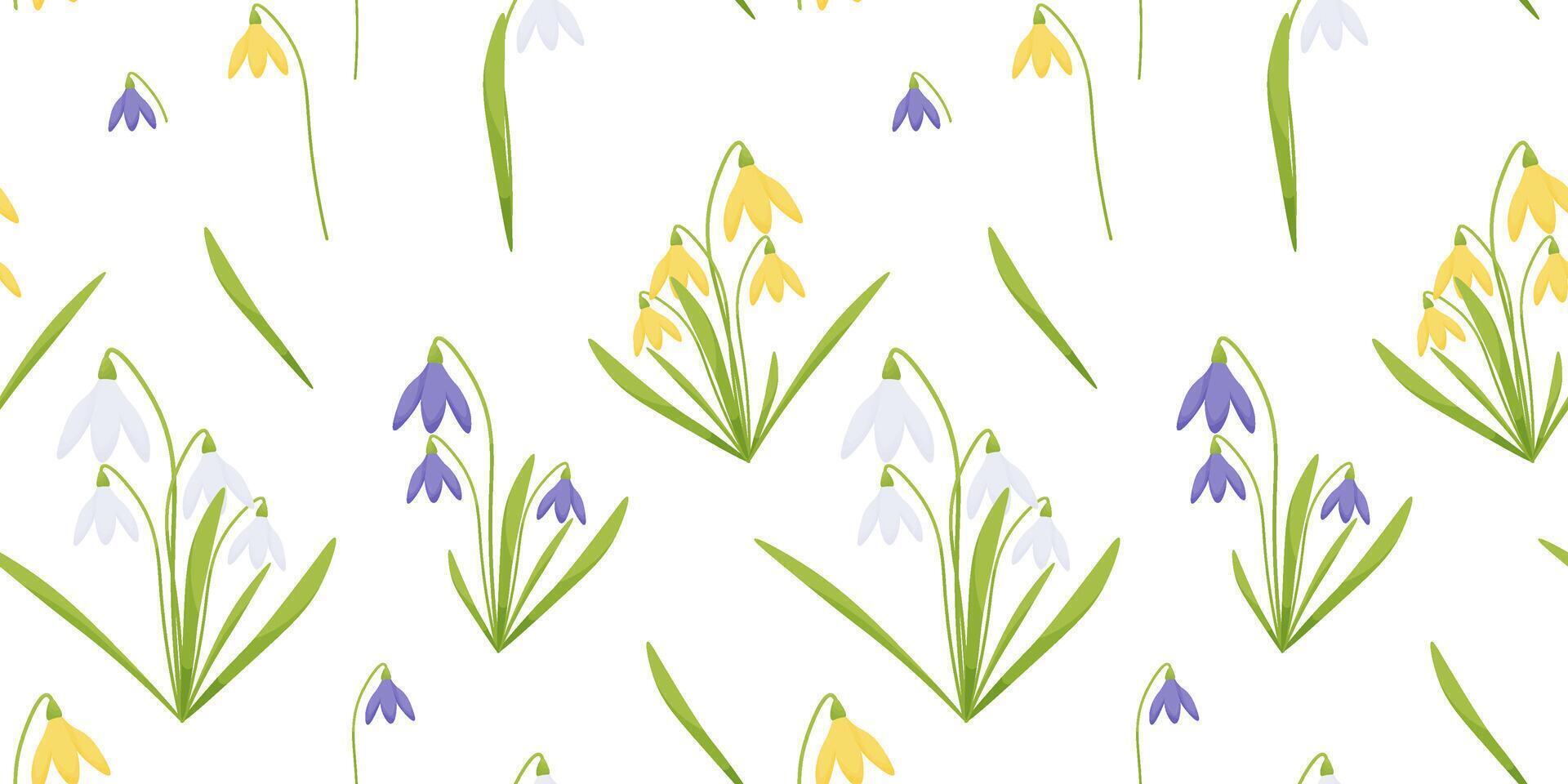 vetor desatado padronizar com branco, amarelo, roxa snowdrops em transparente fundo.