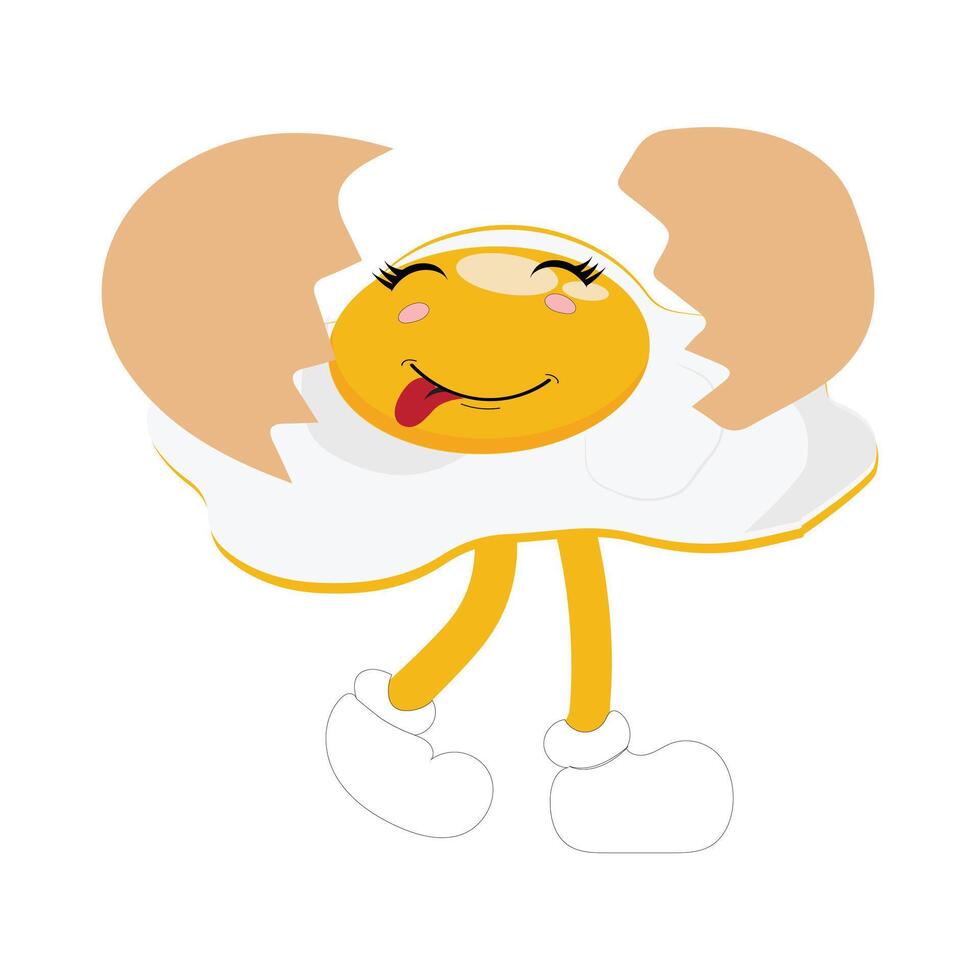 frito ovo com fofa face deitado desenho animado ilustração. frango ovo para café da manhã. feliz frito ovo personagem. páscoa, culinária, comida, emoção conceito vetor