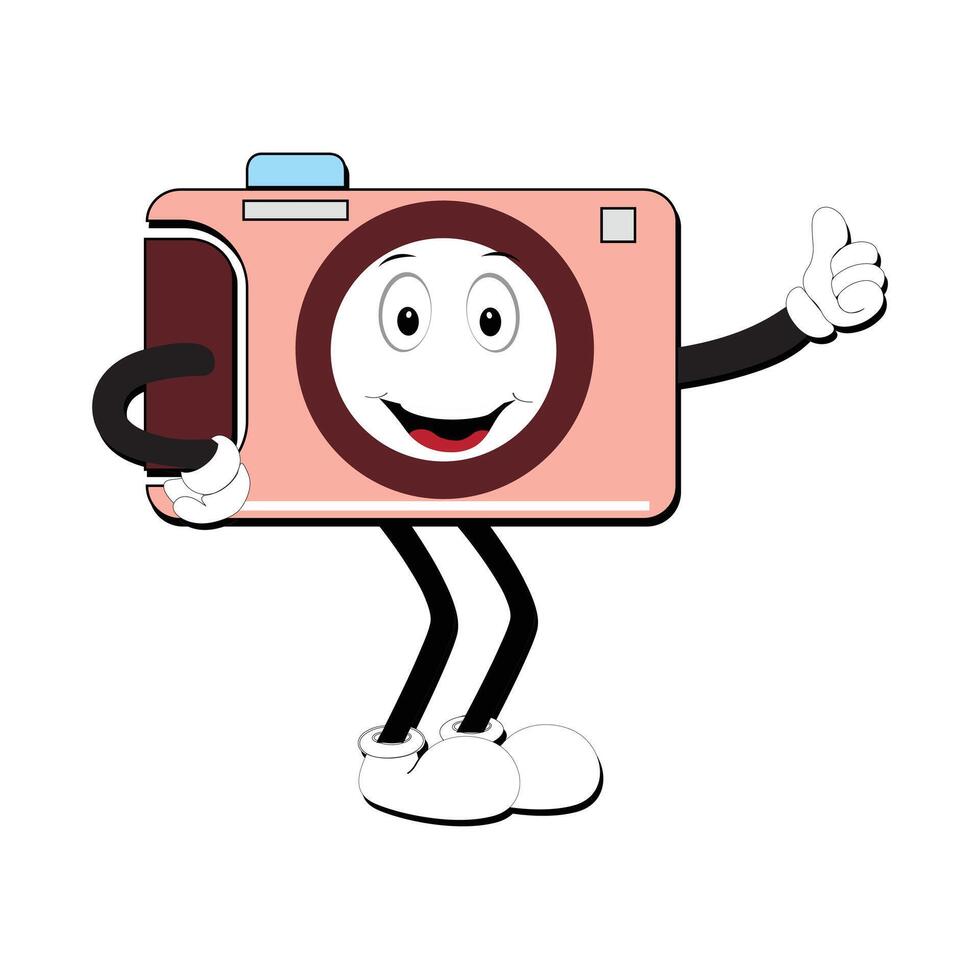 Câmera retro mascote personagem desenho animado, Câmera mascote é sorridente e com polegares acima. vetor mão desenhado ilustração