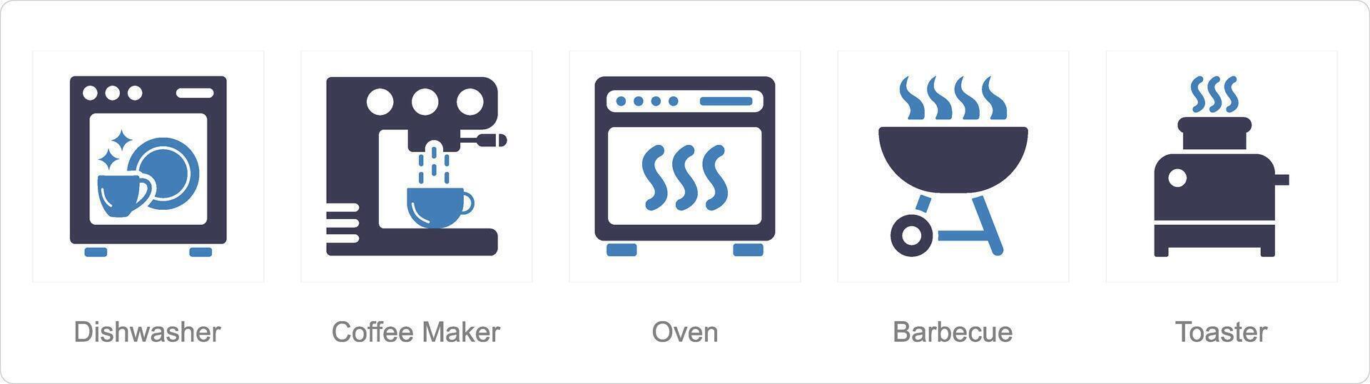 uma conjunto do 5 casa utensílio ícones Como lava-louças, café criador, forno vetor